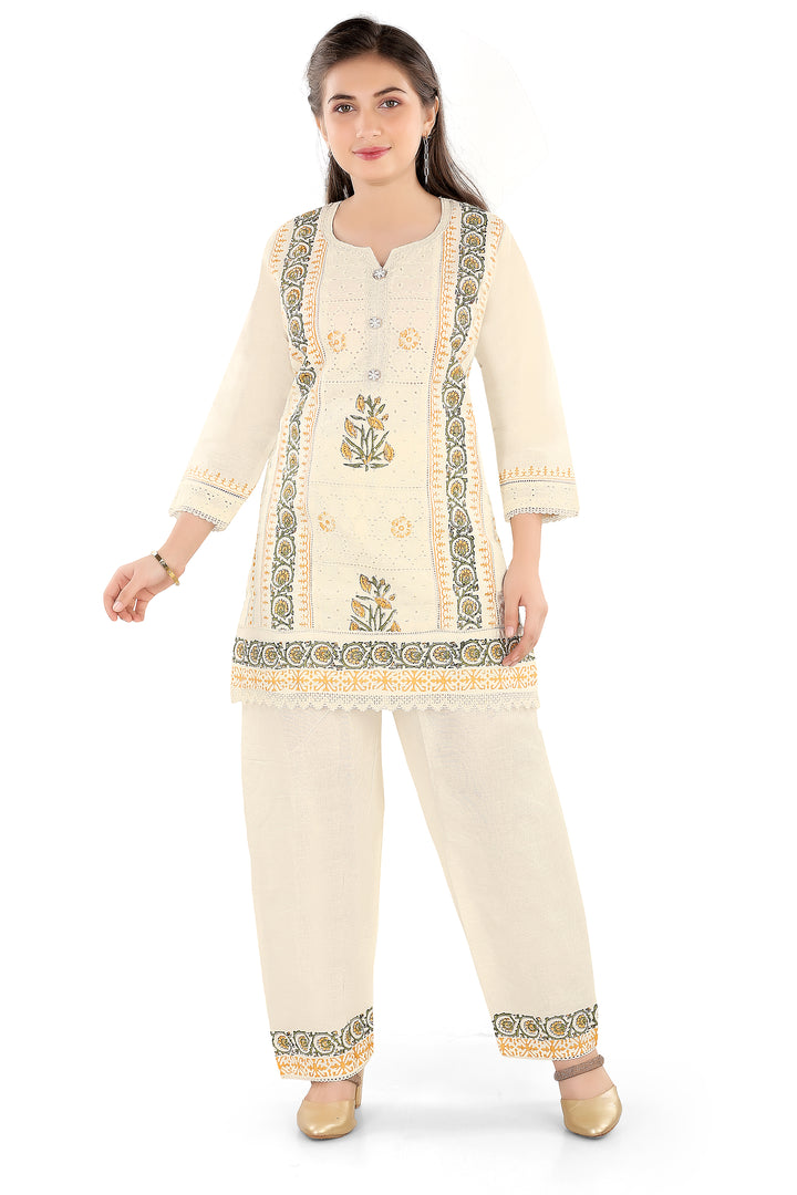 Chikankari EMB Kurti Set Cream