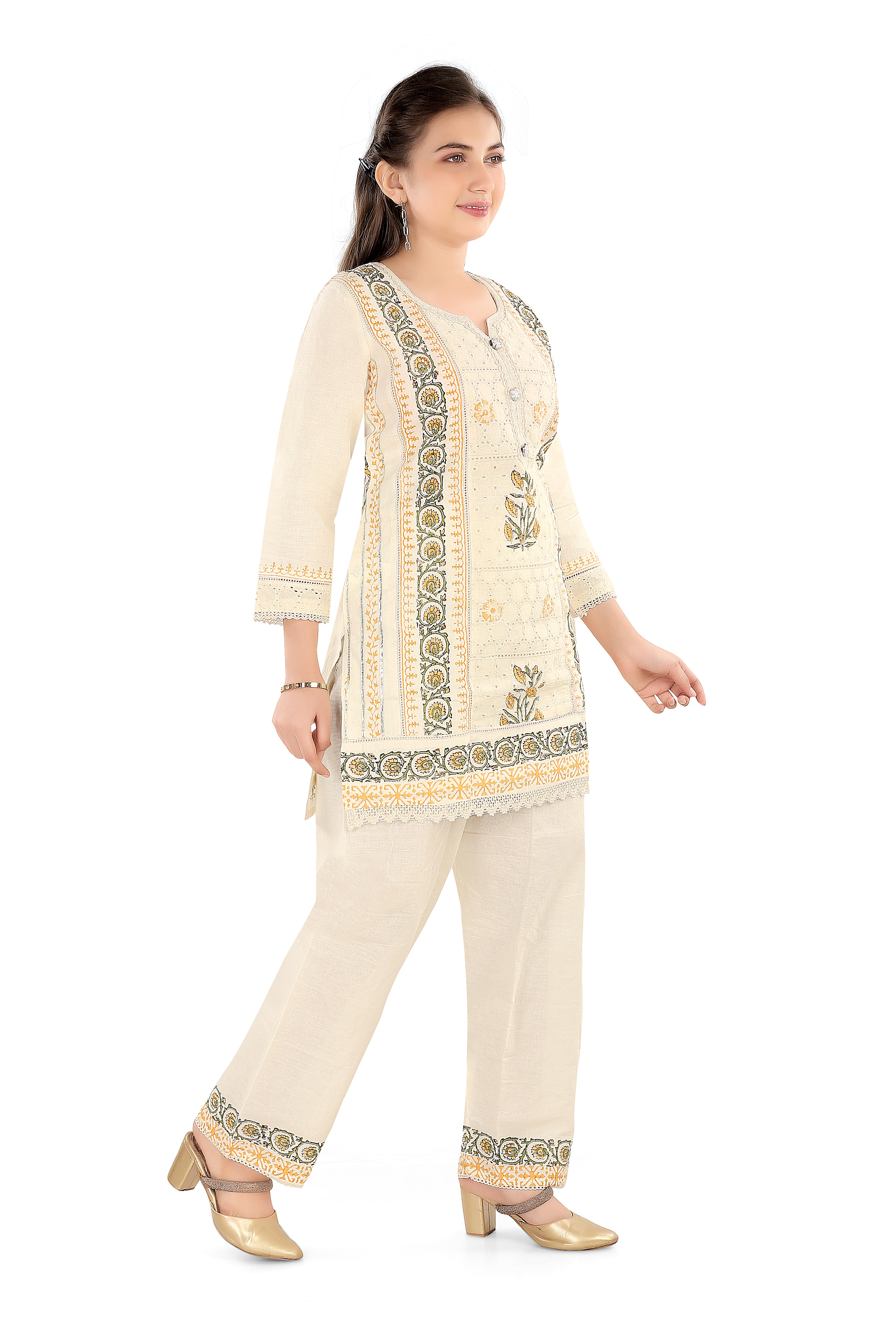 Chikankari EMB Kurti Set Cream