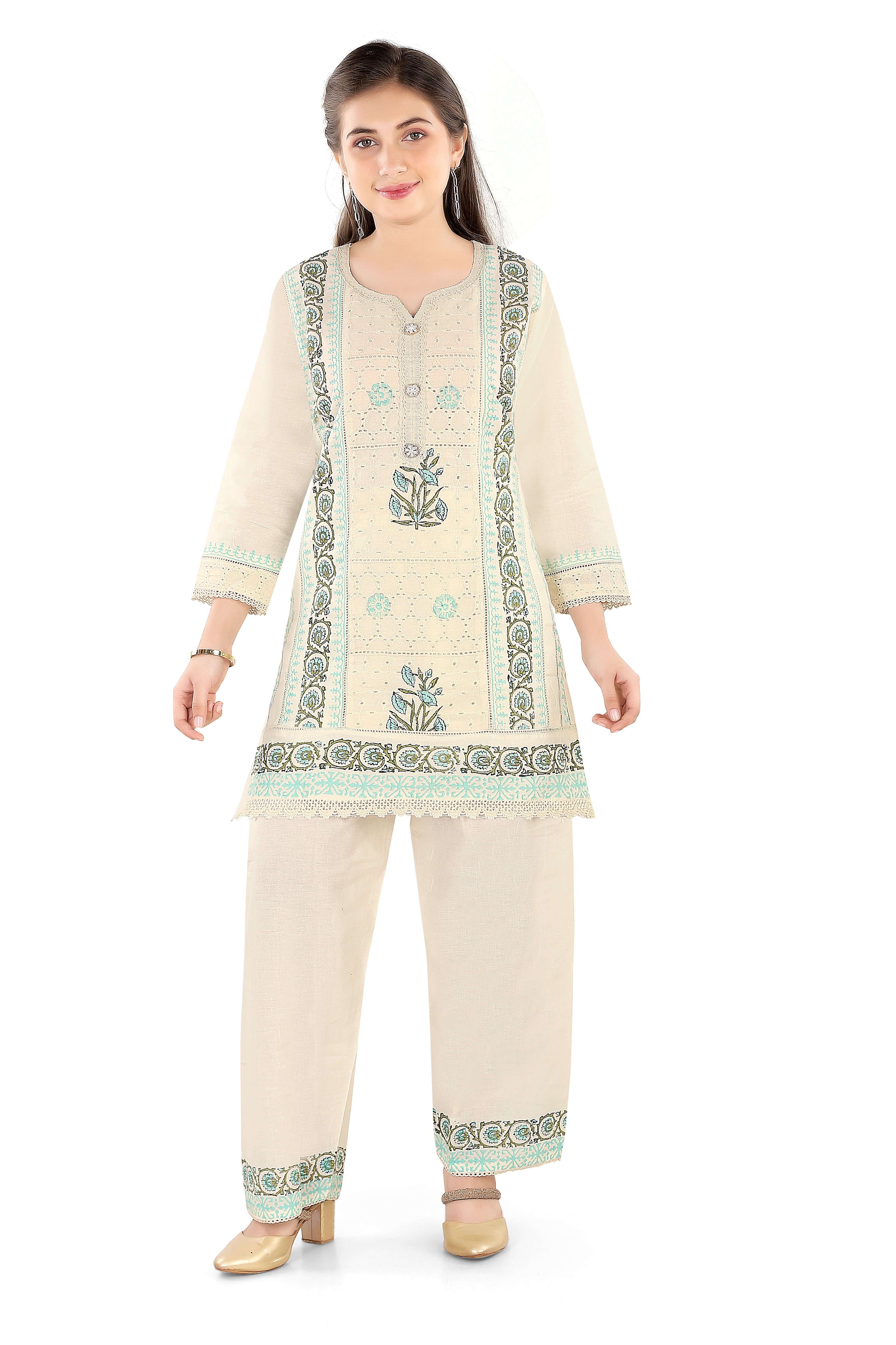 Chikankari EMB Kurti Set Cream