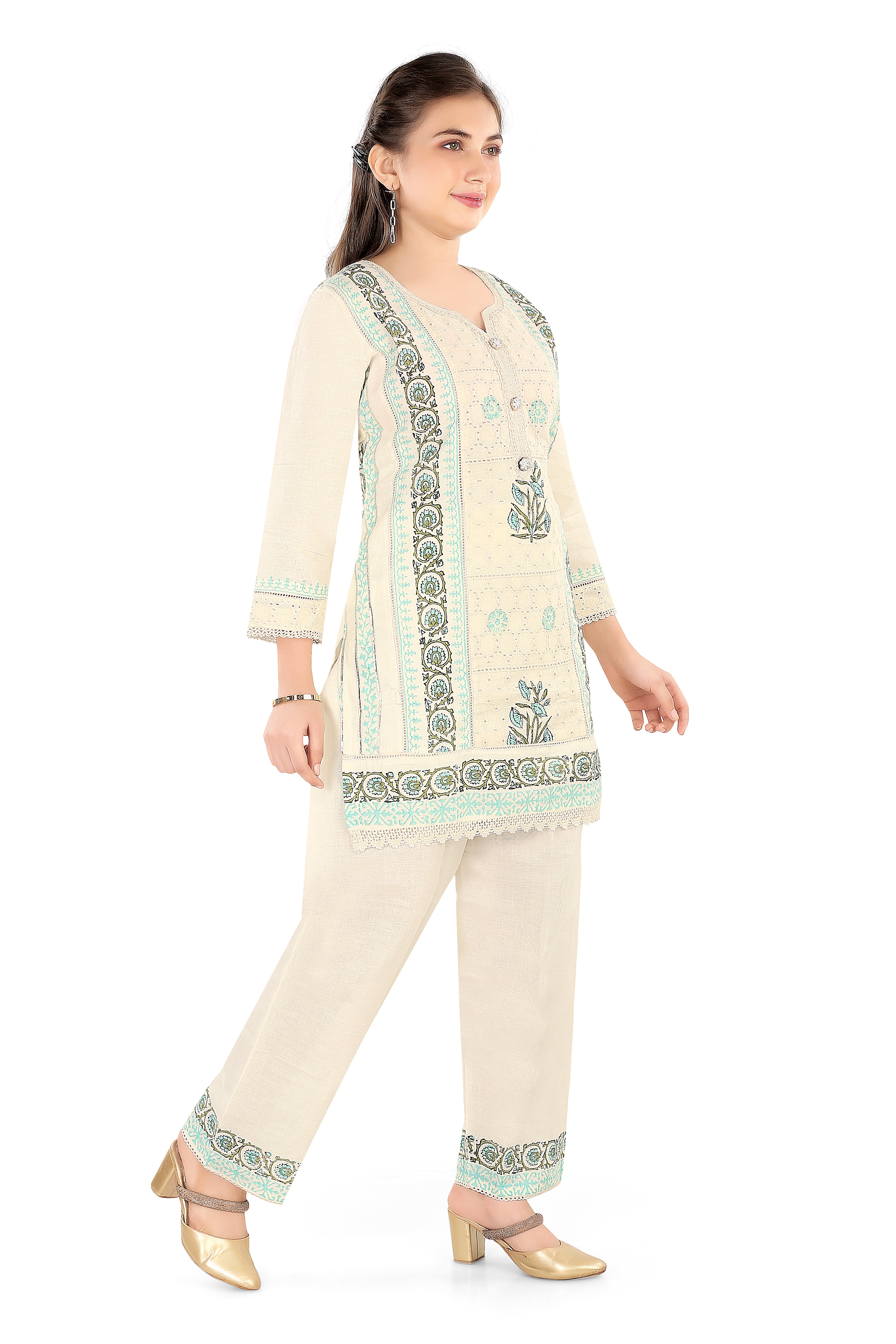 Chikankari EMB Kurti Set Cream