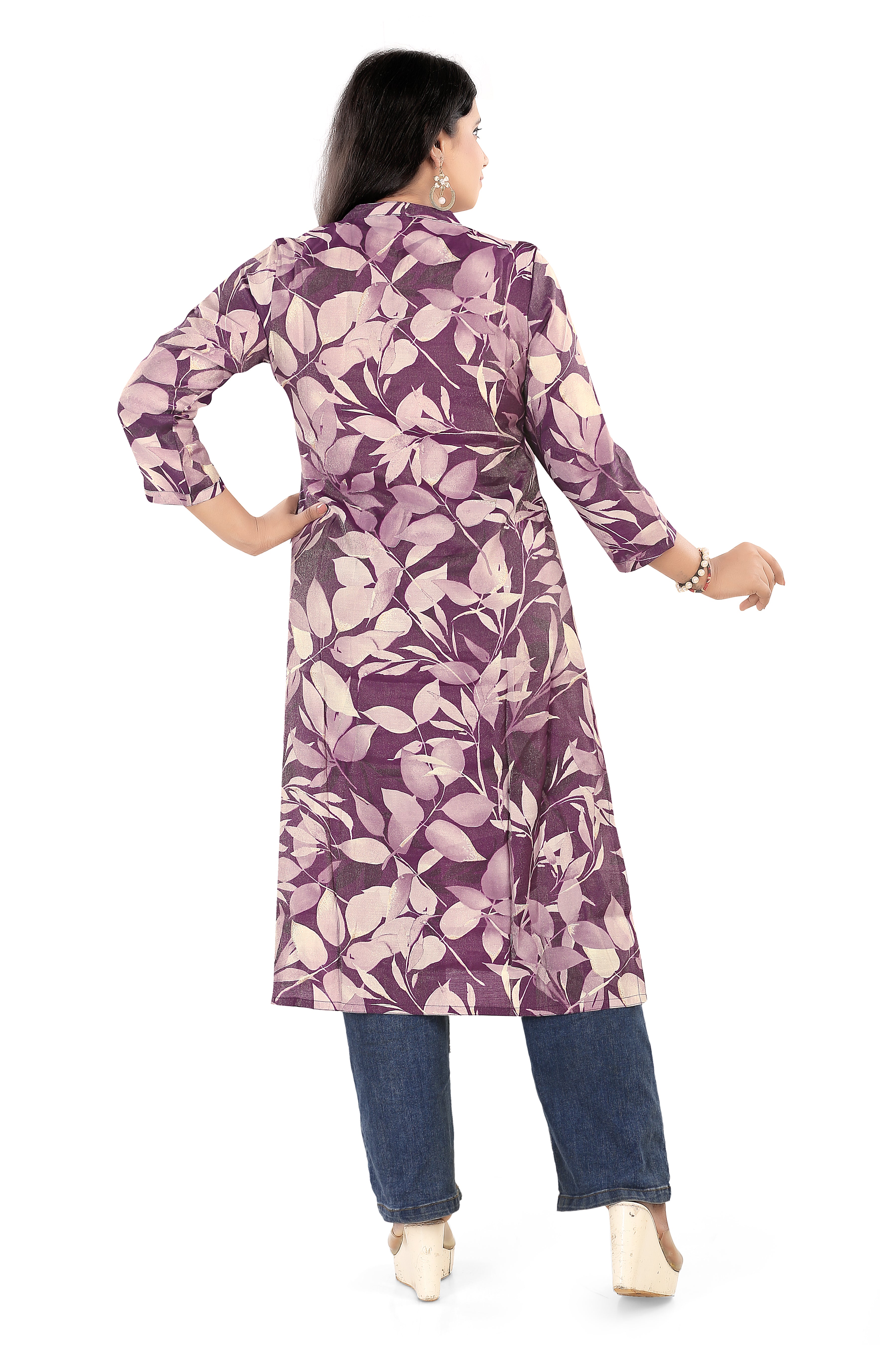 Digital Print Cotton Silk Straight Kurti, Purple Leaf Pattern, 3/4th Sleeves