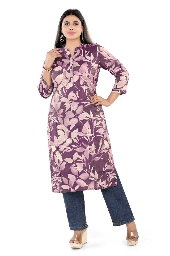 Digital Print Cotton Silk Straight Kurti, Purple Leaf Pattern, 3/4th Sleeves
