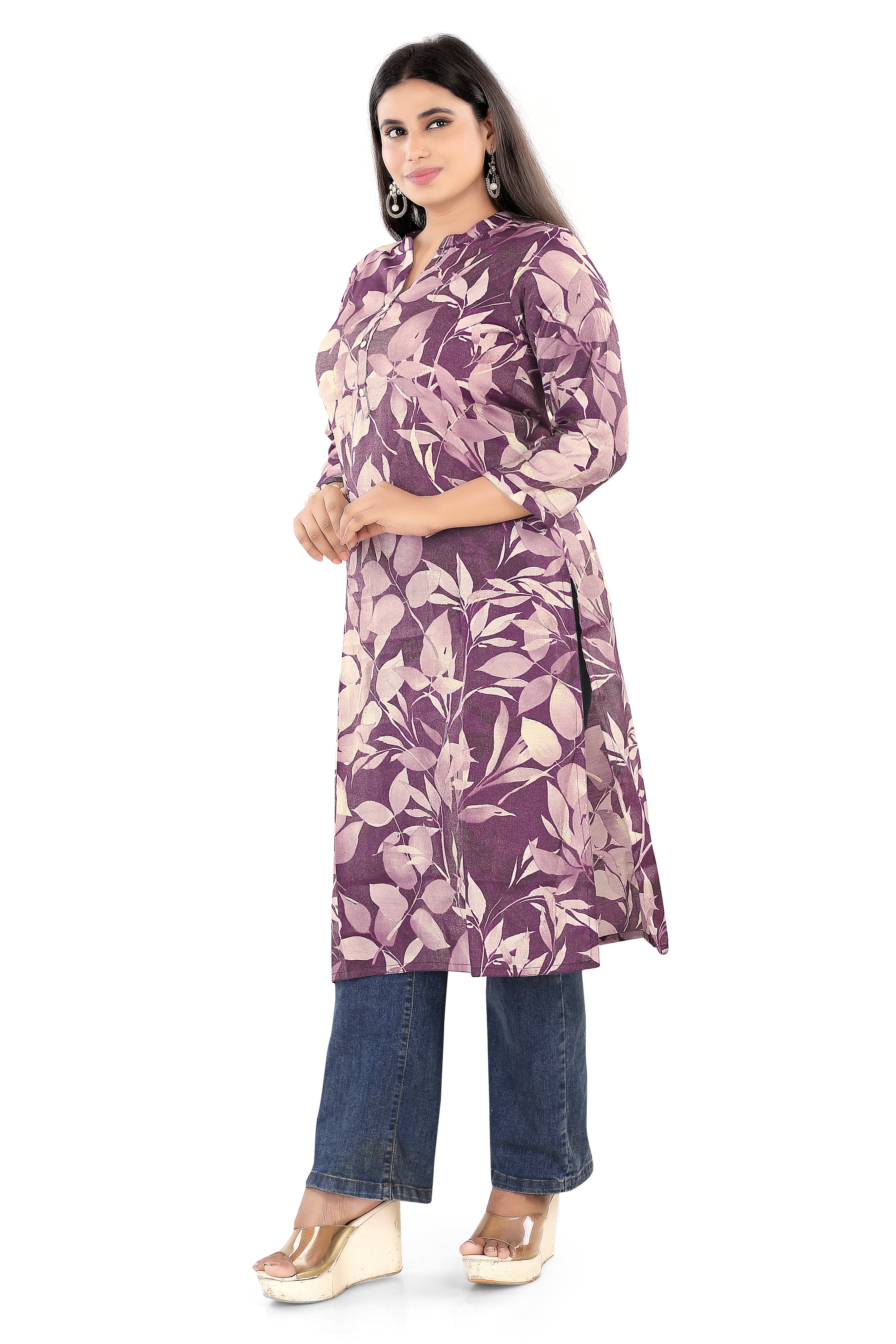 Digital Print Cotton Silk Straight Kurti, Purple Leaf Pattern, 3/4th Sleeves