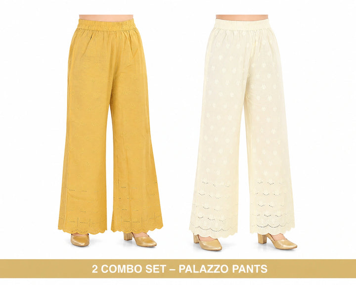 Two pairs of palazzo pants, one yellow and one white with lace details, on a white background.