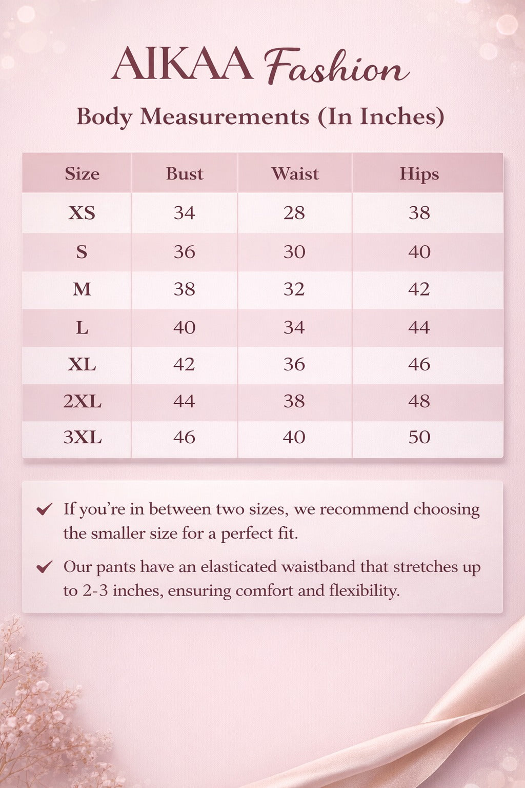 AIKAA Fashion size chart for clothing measurements on a pink background