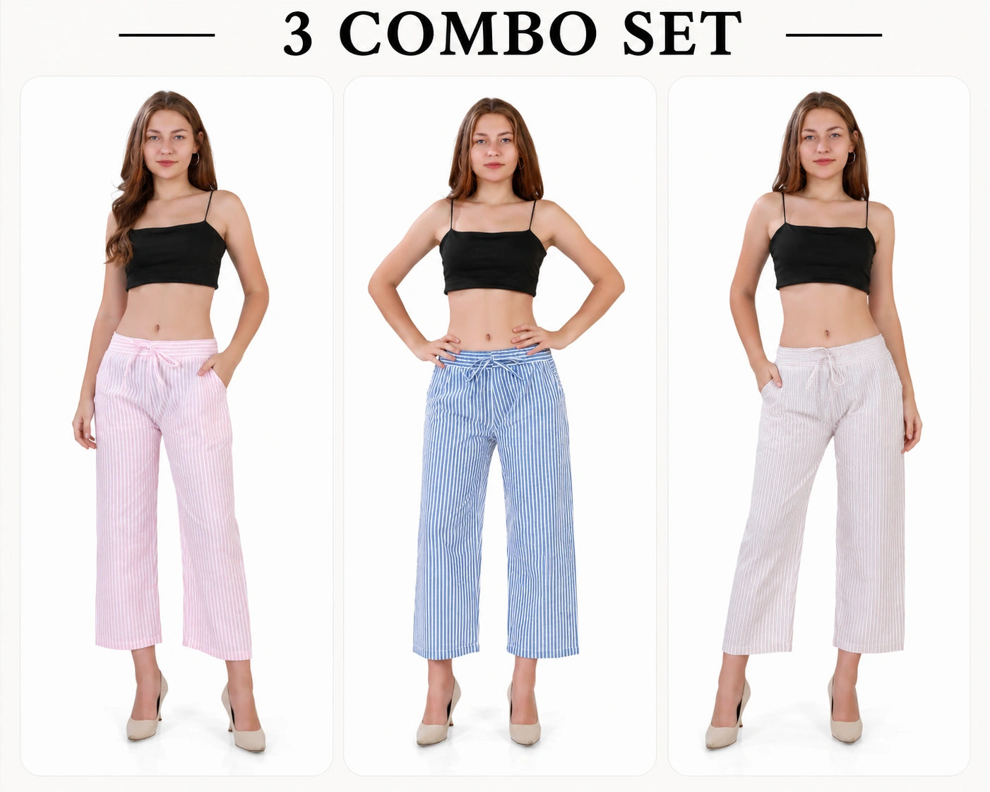 Women's Casual Striped Wide Leg Pants 3 Combo Pack