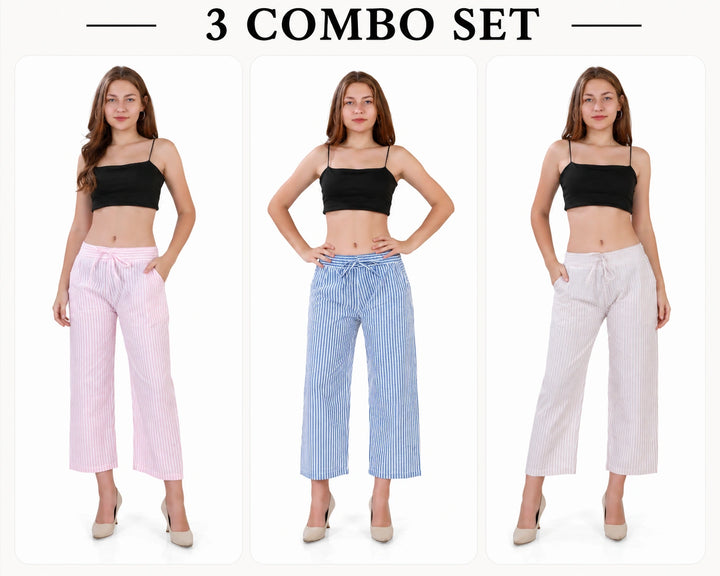 Women's Casual Striped Wide Leg Pants 3 Combo Pack