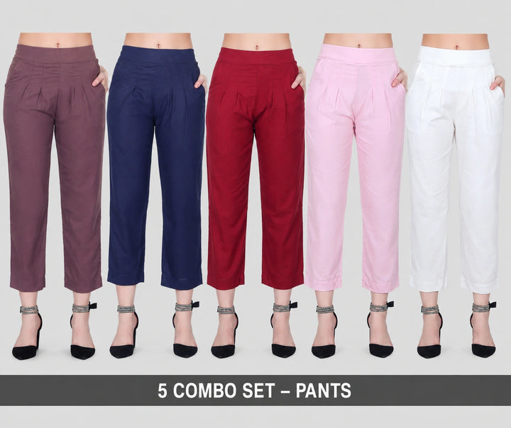 Women's Solid Color Ankle Length Pants Combo Set of 5 for Women