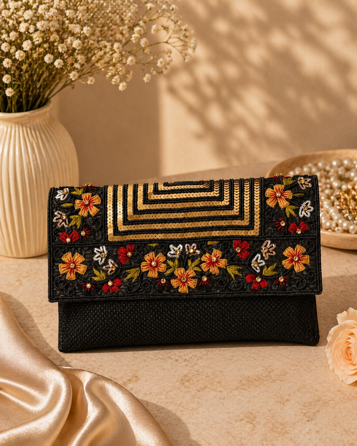 Floral Embroidery Envelope Clutch