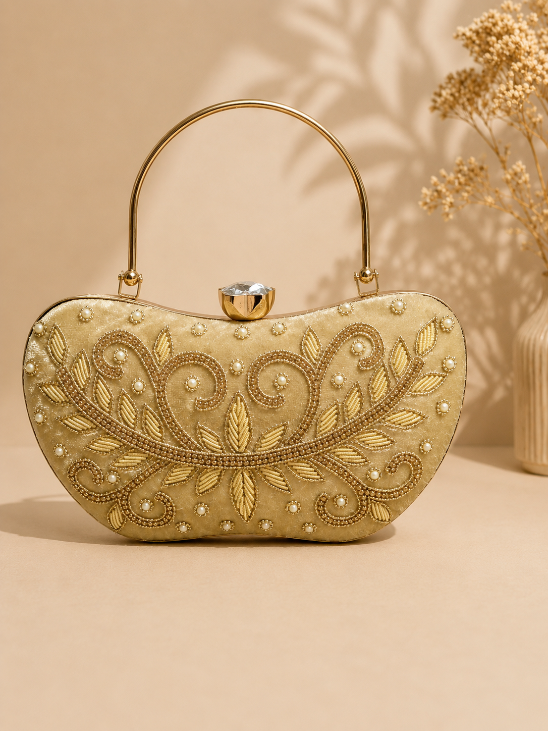 Elegant Embroidered Clutch with Pearl & Stone Work