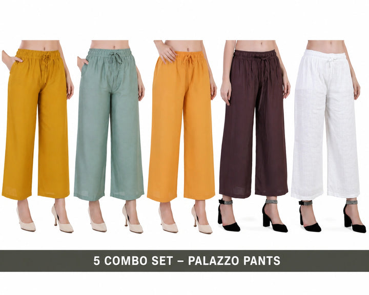 Five pairs of palazzo pants in different colors with models wearing them on a white background.