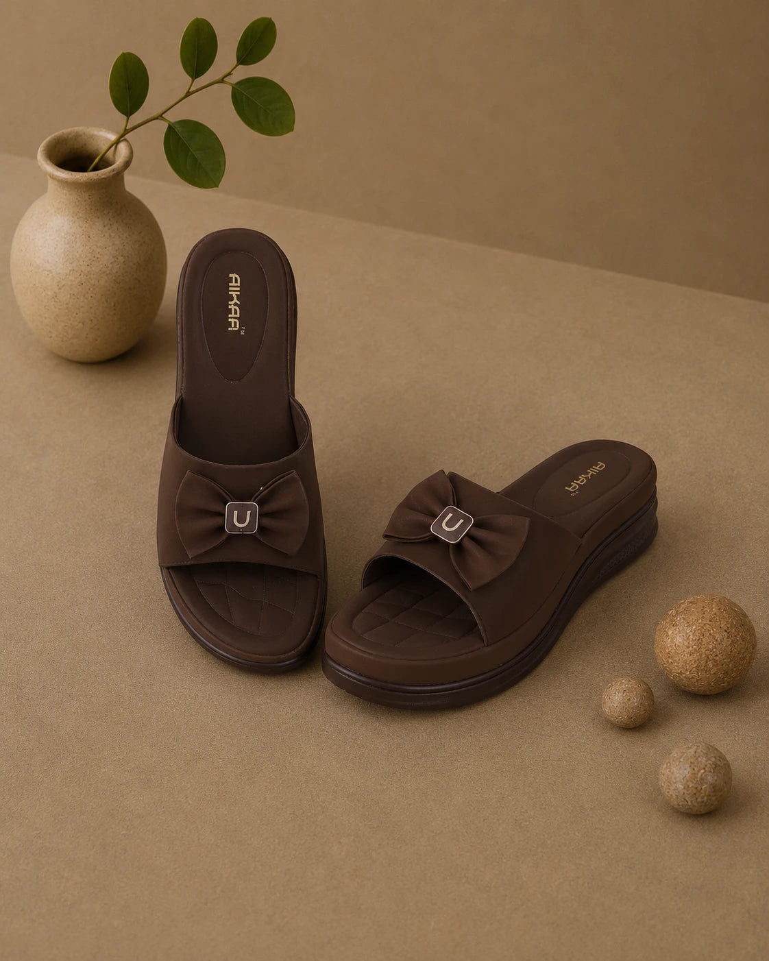 AIKAA Bow Comfort Slides in brown for women