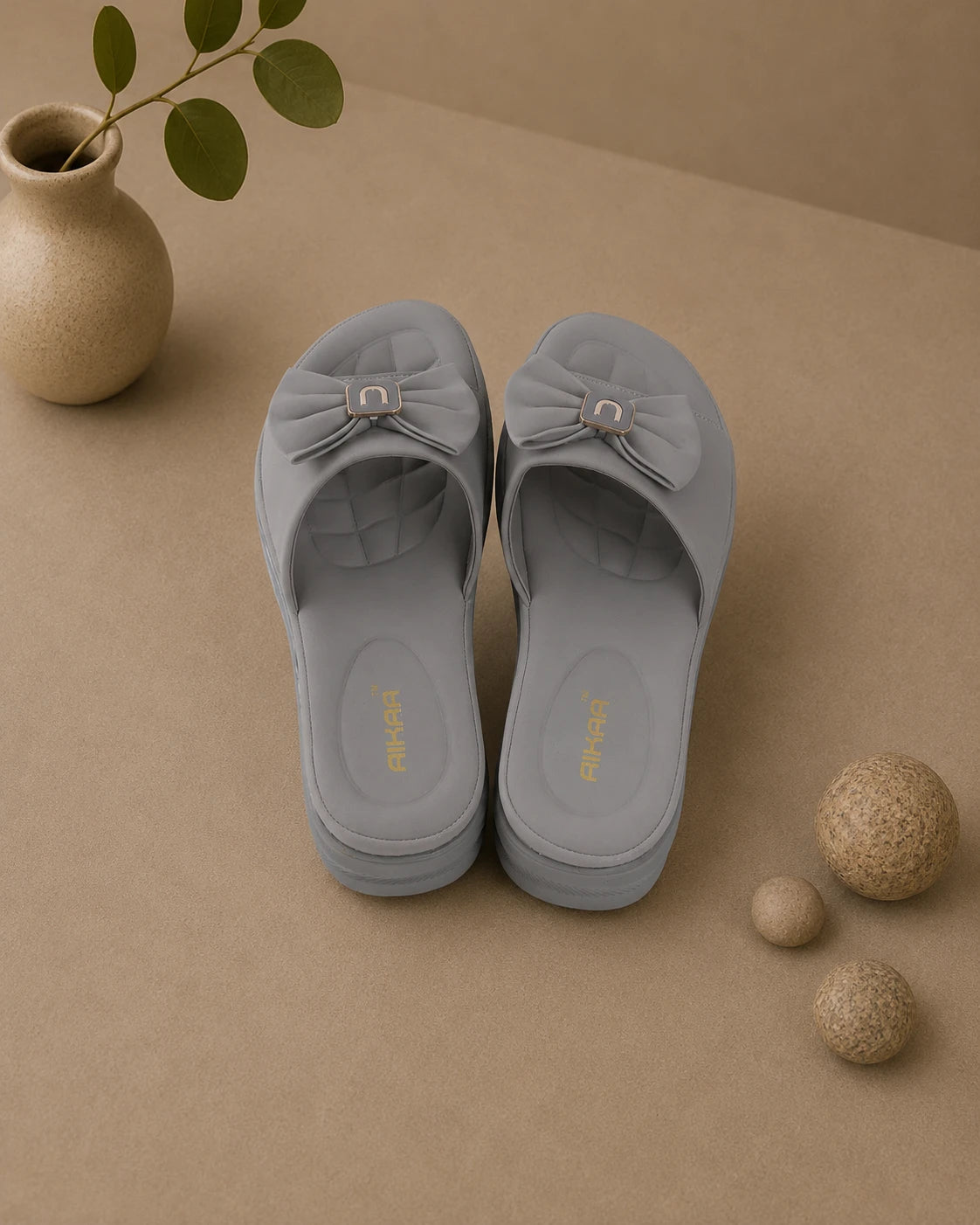 AIKAA Bow Comfort Slides in grey for women