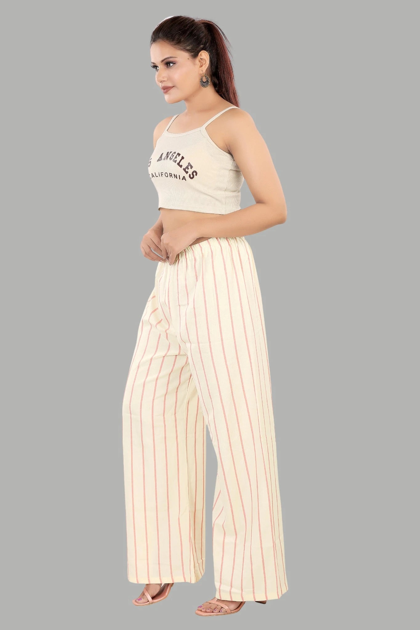 Comfortable women’s cream stripe casual trousers