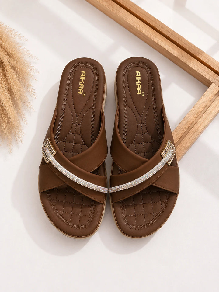 AIKAA Crystal Comfy wedges in tan brown for women