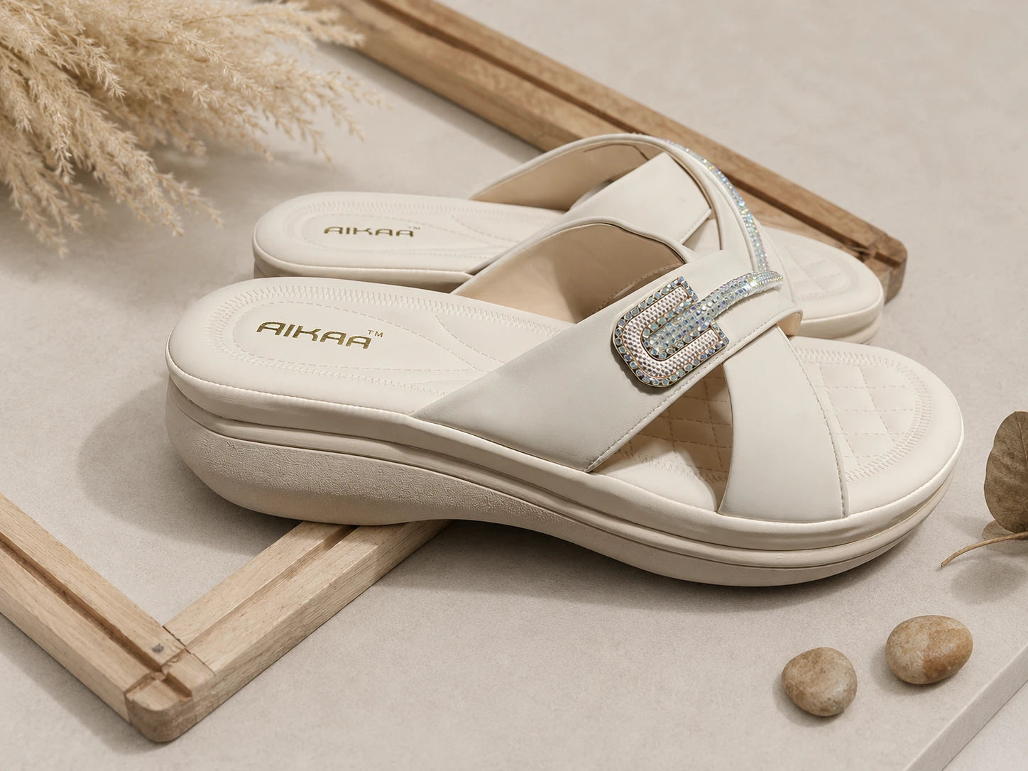 AIKAA Crystal Comfy wedges in white for women