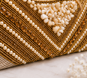 Designer pearl evening clutch bag for women by AIKAA with elegant luxury partywear design