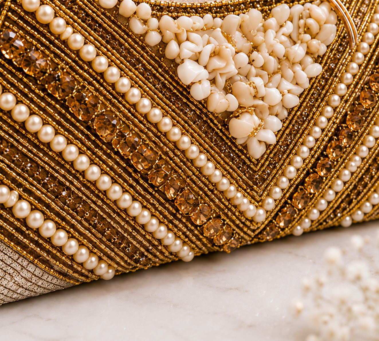 Designer pearl evening clutch bag for women by AIKAA with elegant luxury partywear design