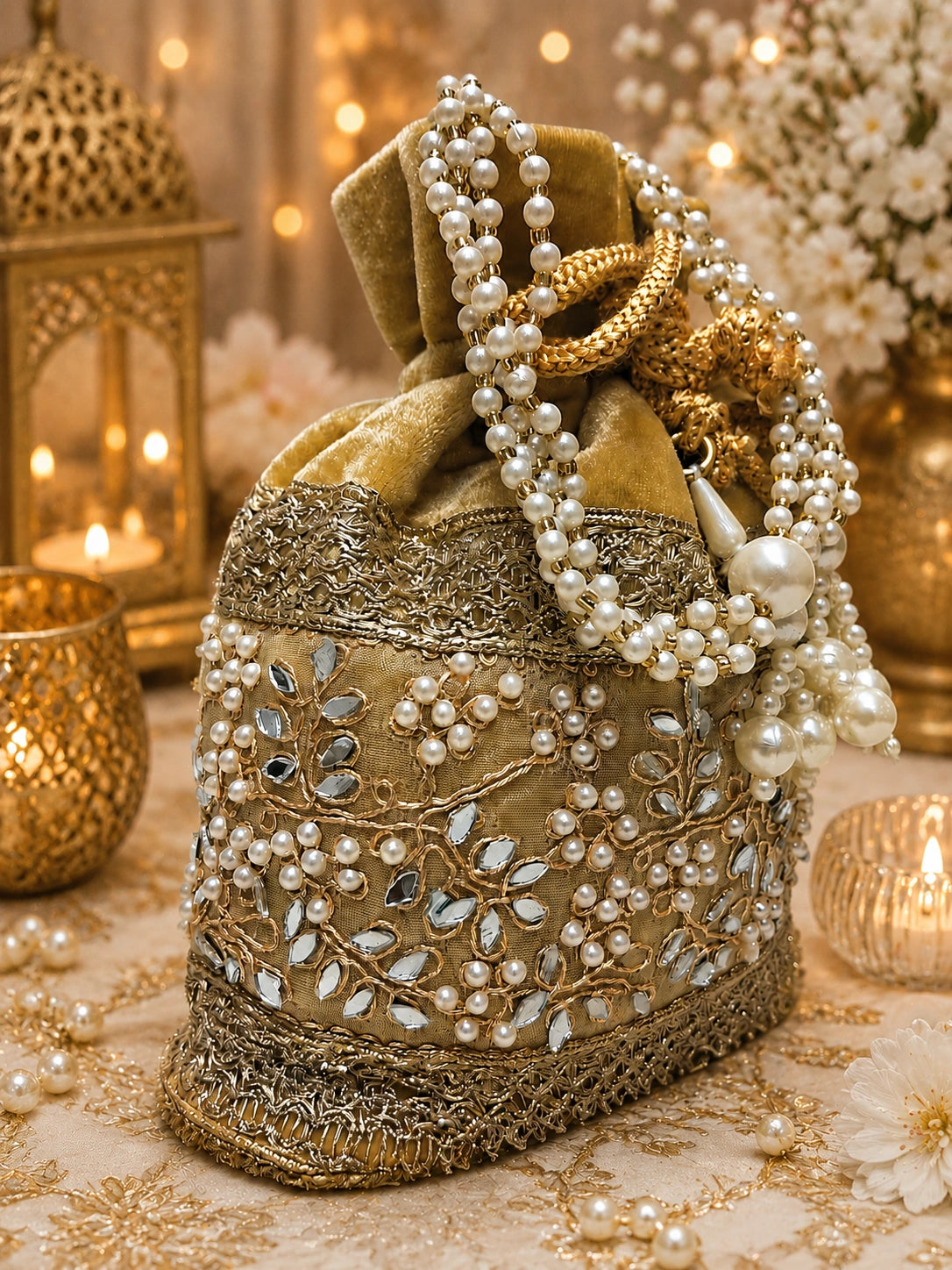 AIKAA elegant bridal pouch with pearls and gold