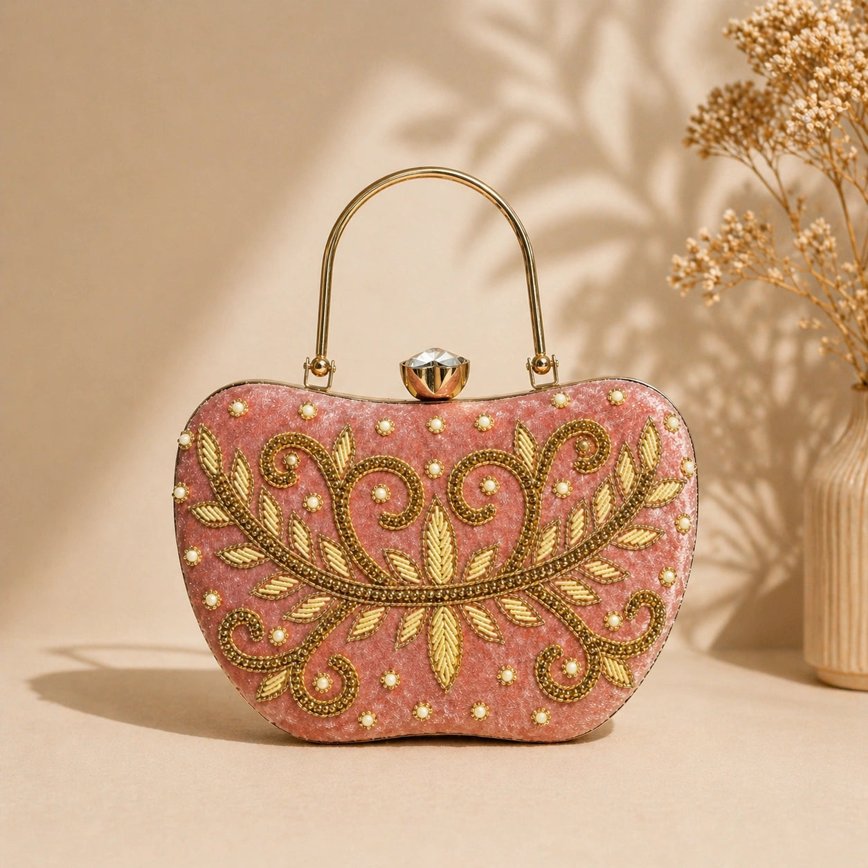 AIKAA elegant embroidered clutch with pearl and stone work in pink