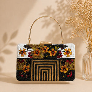 AIKAA handcrafted floral beaded clutch with metal handle in black