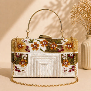 AIKAA handcrafted floral beaded clutch with metal handle in white