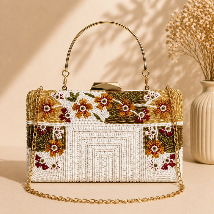 AIKAA handcrafted floral beaded clutch with metal handle in white