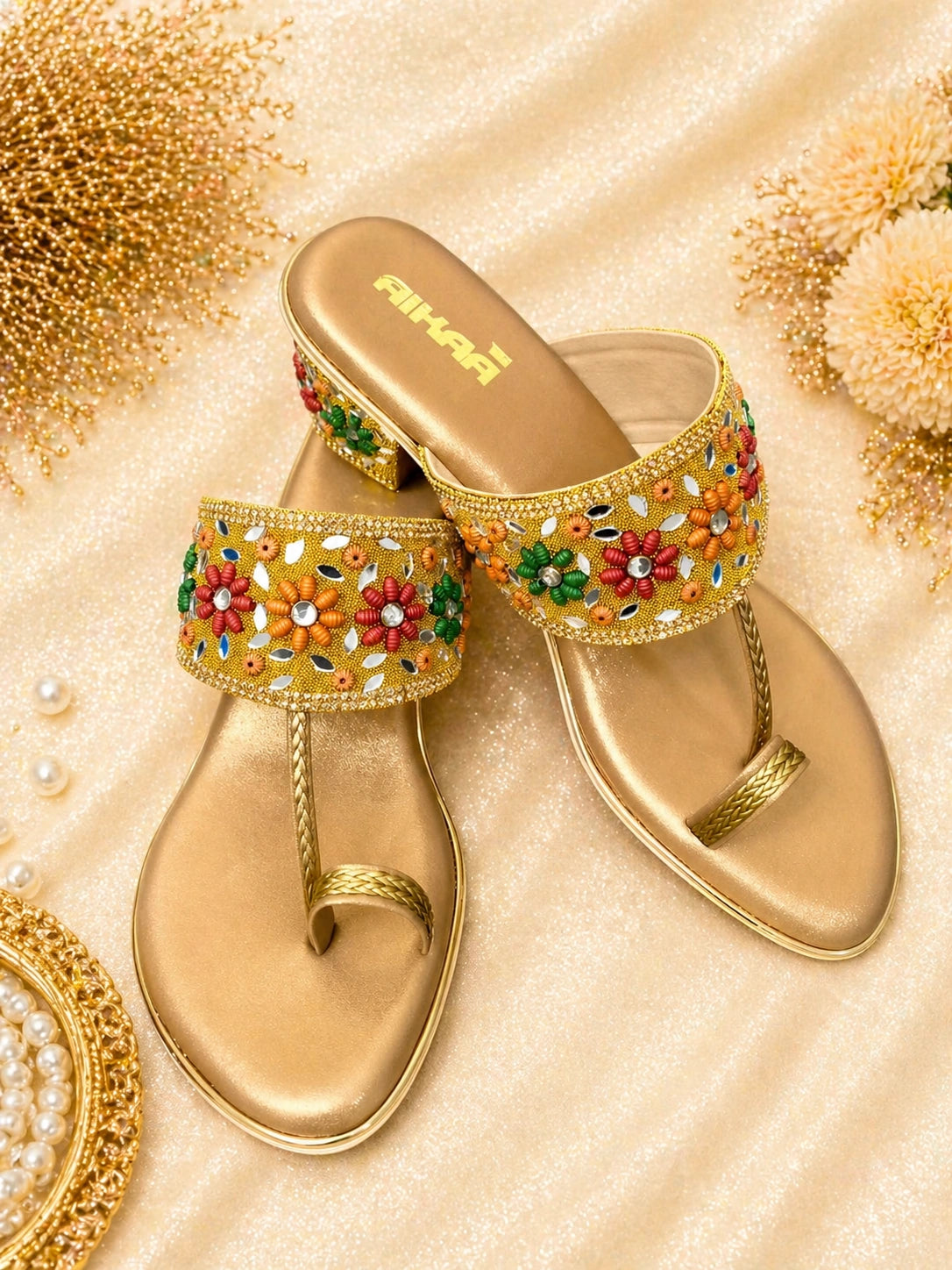 AIKAA Indian ethnic footwear in gold for women