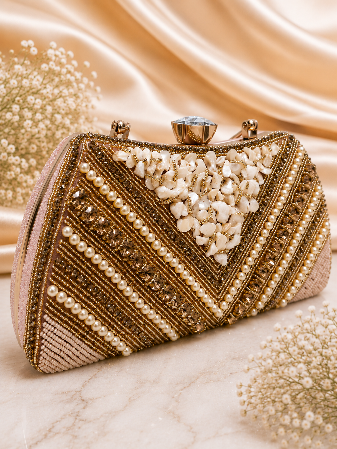 Light pink designer pearl evening clutch bag for women with elegant luxury partywear style by AIKAA