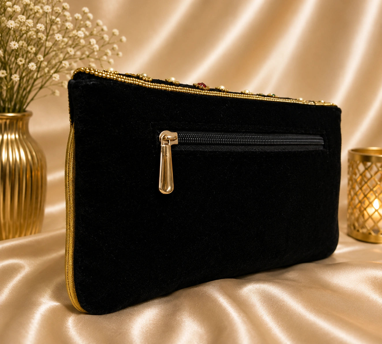 Black clutch bag with gold zipper on a beige fabric background