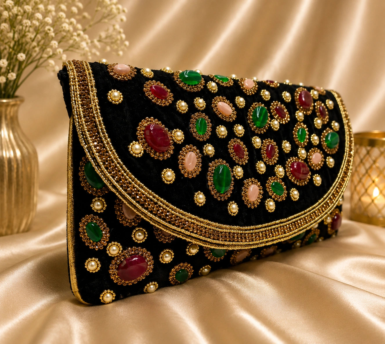 Decorative clutch bag with gemstone embellishments on a satin surface Aikaa Fashion