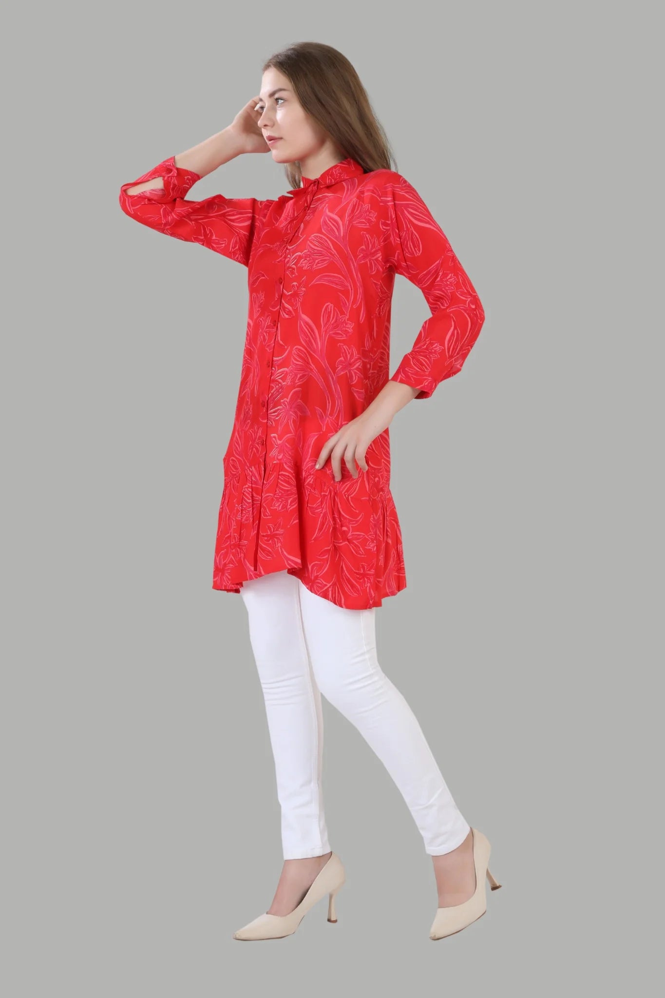 Elegant women’s red midi dress by AIKAA