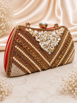 Red designer pearl evening clutch bag for women with elegant luxury partywear style by AIKAA