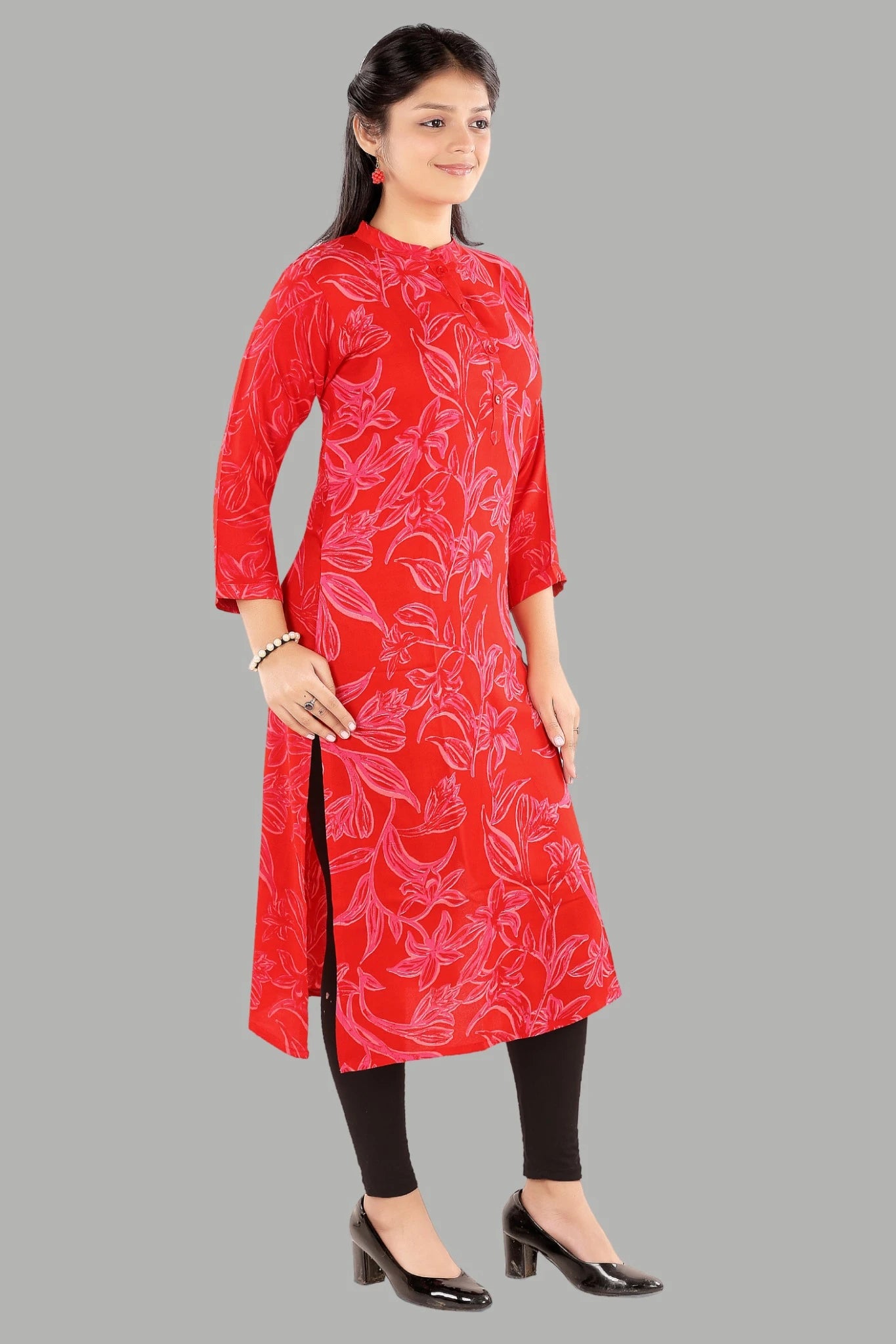 Elegant red ethnic kurti with botanical print