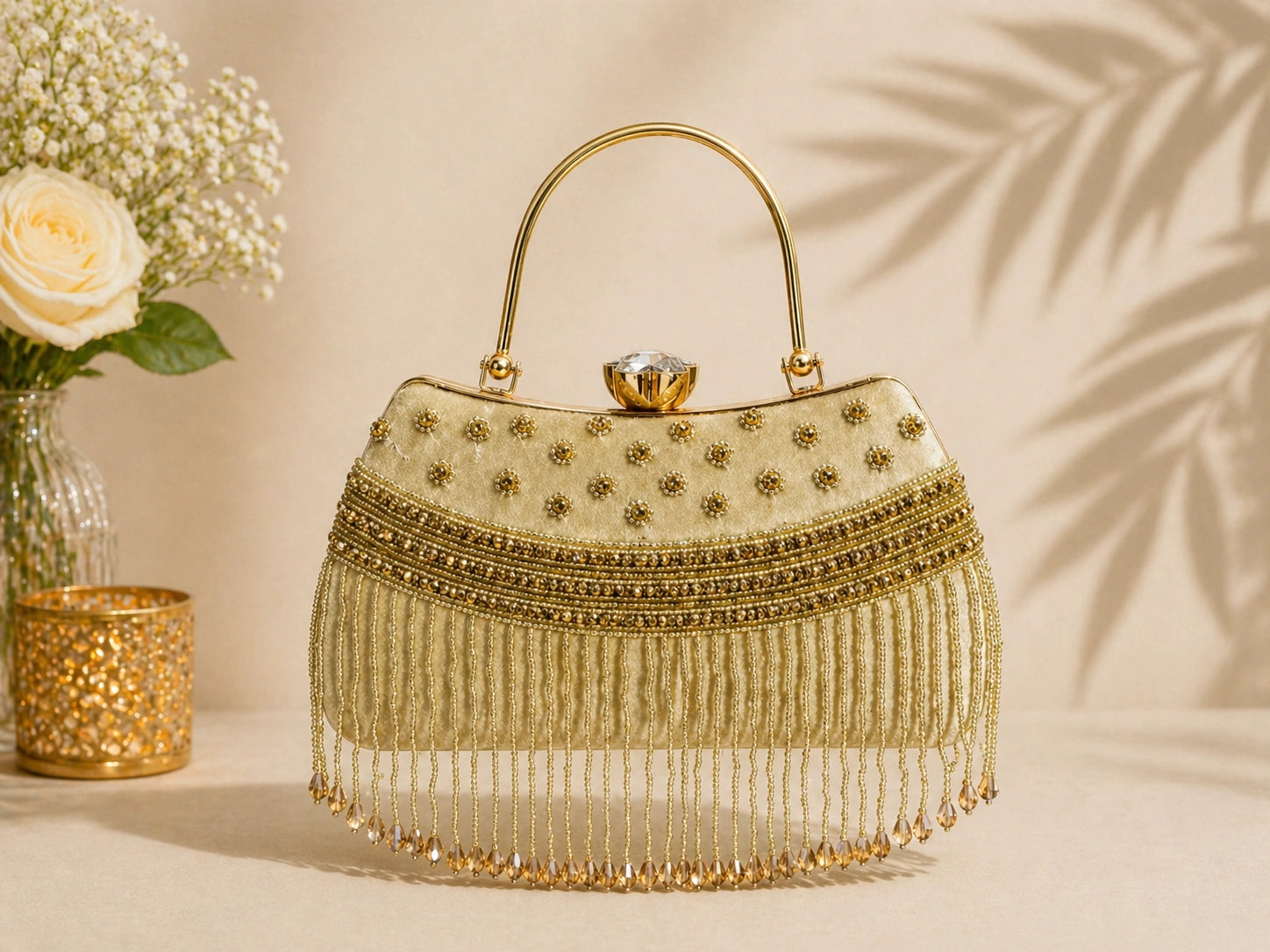 AIKAA royal velvet clutch with crystal lock and fringe in gold
