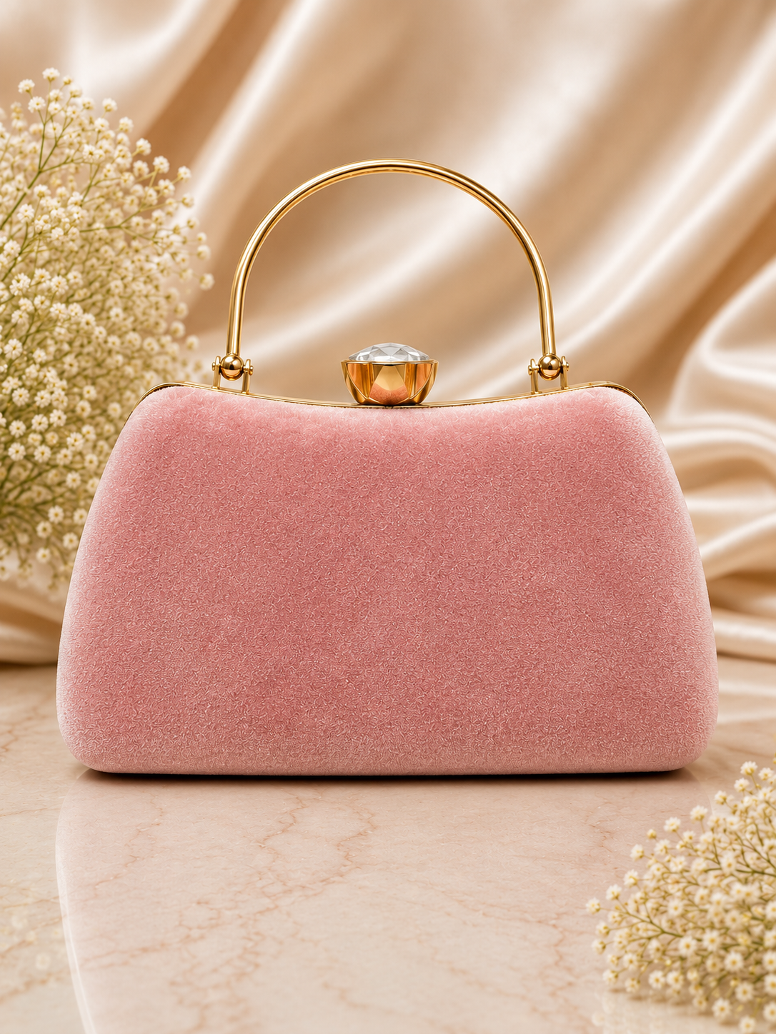 AIKAA women’s luxury light pink pearl embellished clutch bag for weddings, parties, bridal, and festive occasions
