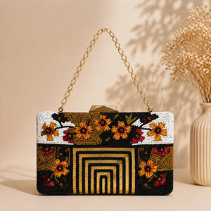 Elegant black floral beaded clutch bag for women