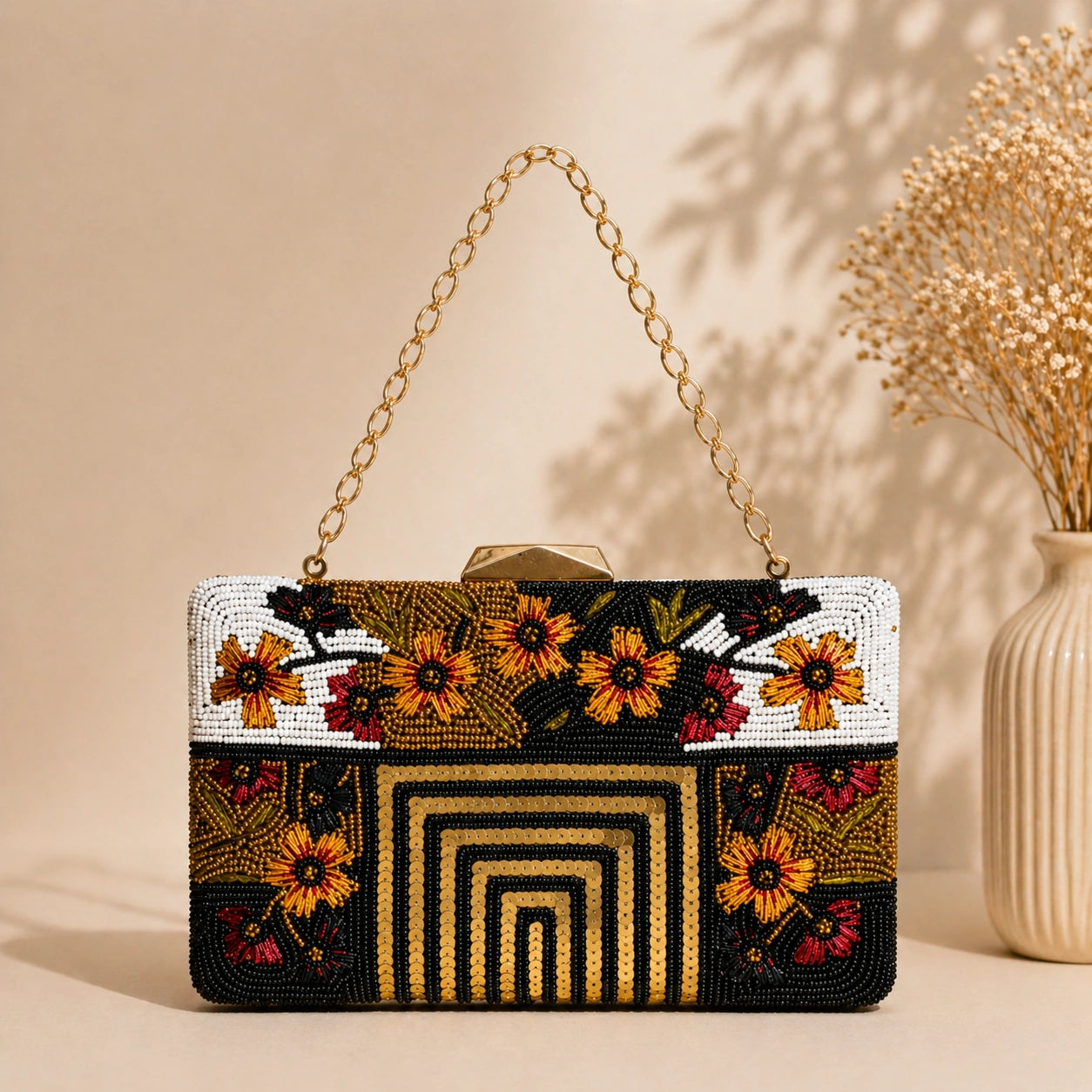 Elegant black floral beaded clutch bag for women