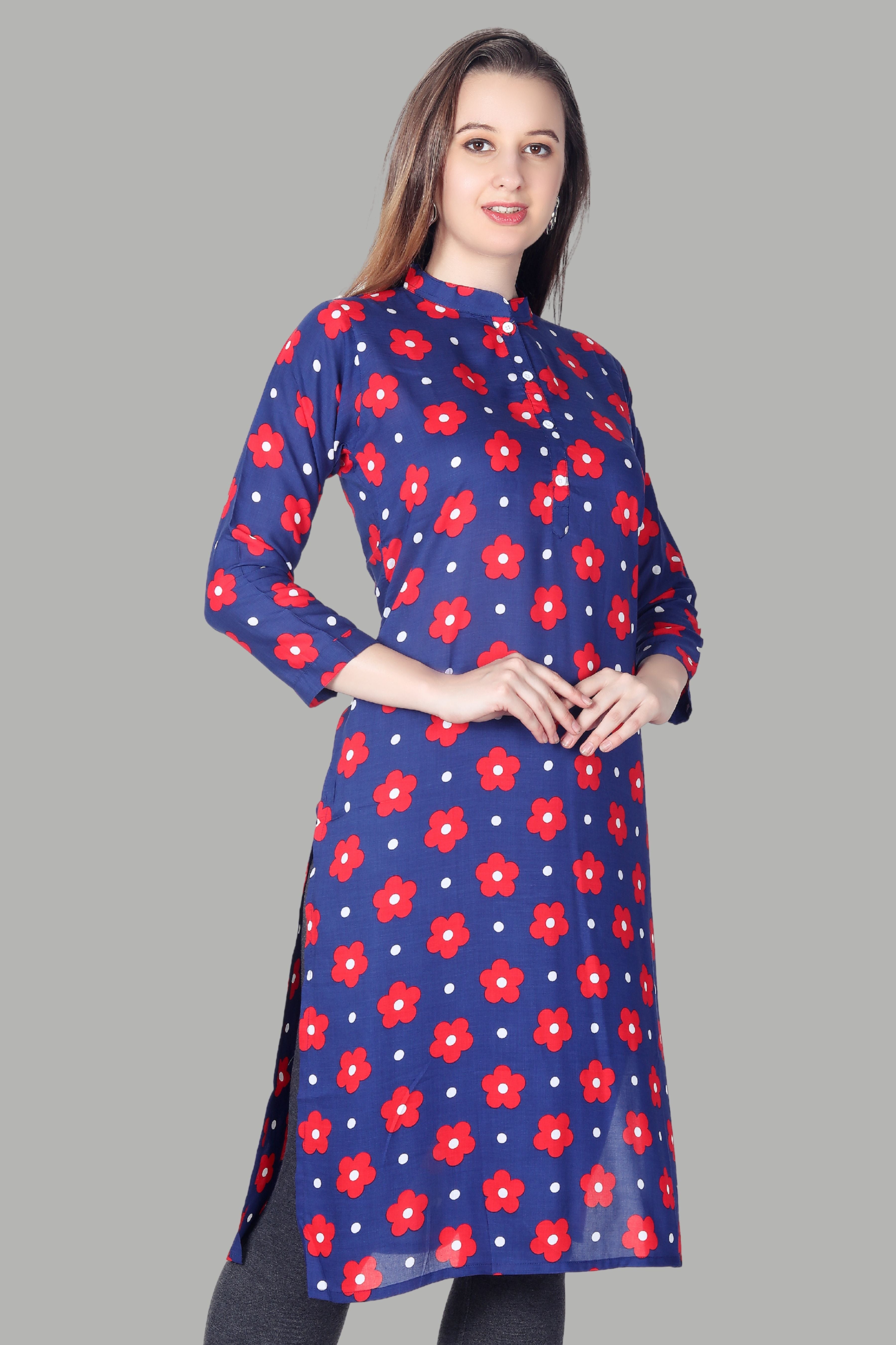 Stylish blue buti print ethnic kurti for women