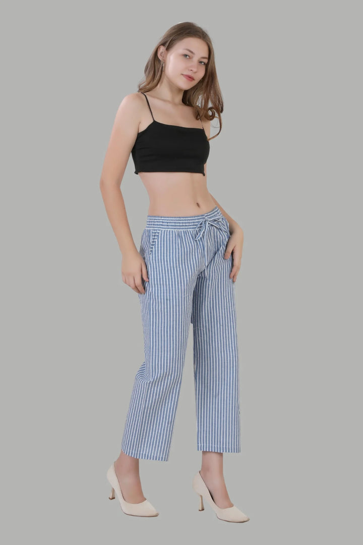 Stylish blue striped linen pants for women