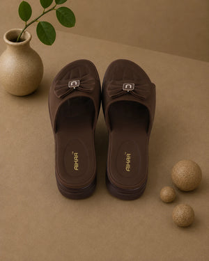 Stylish brown bow comfort slides for women