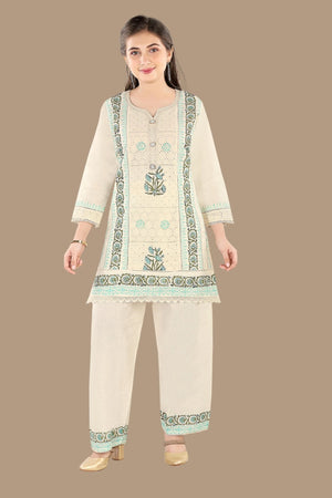 Chikankari EMB kurti set in cream green for women