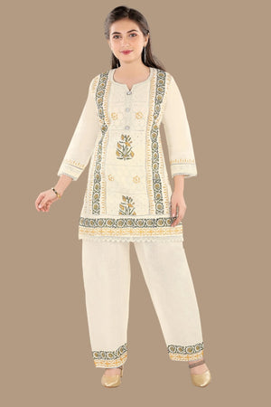 Chikankari EMB kurti set in cream yellow for women