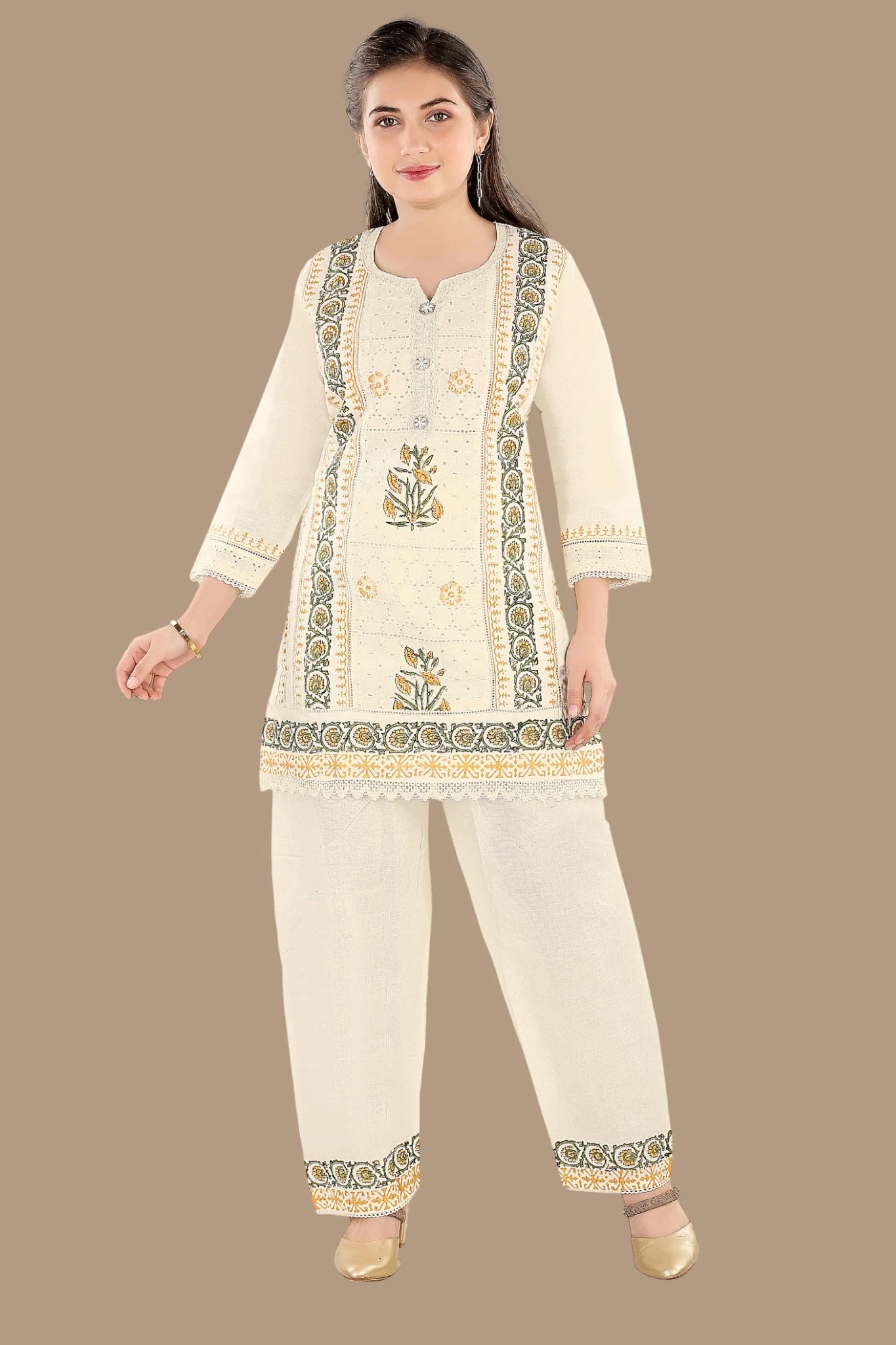 Chikankari EMB kurti set in cream yellow for women