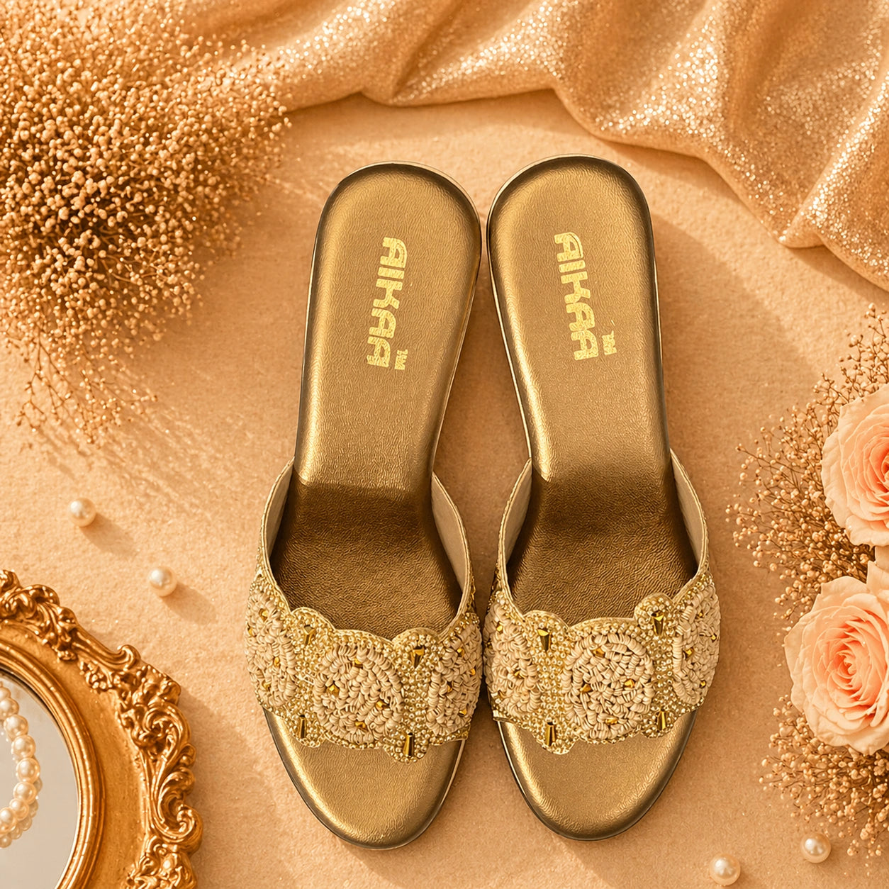 Elegant women’s gold slipon sandals by AIKAA