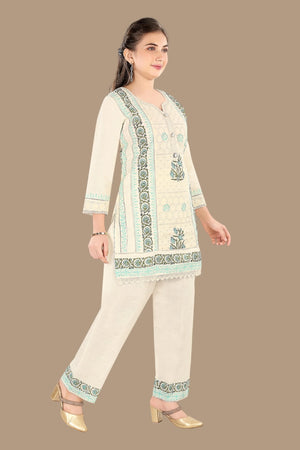 Stylish cream green chikankari embroidered kurti set