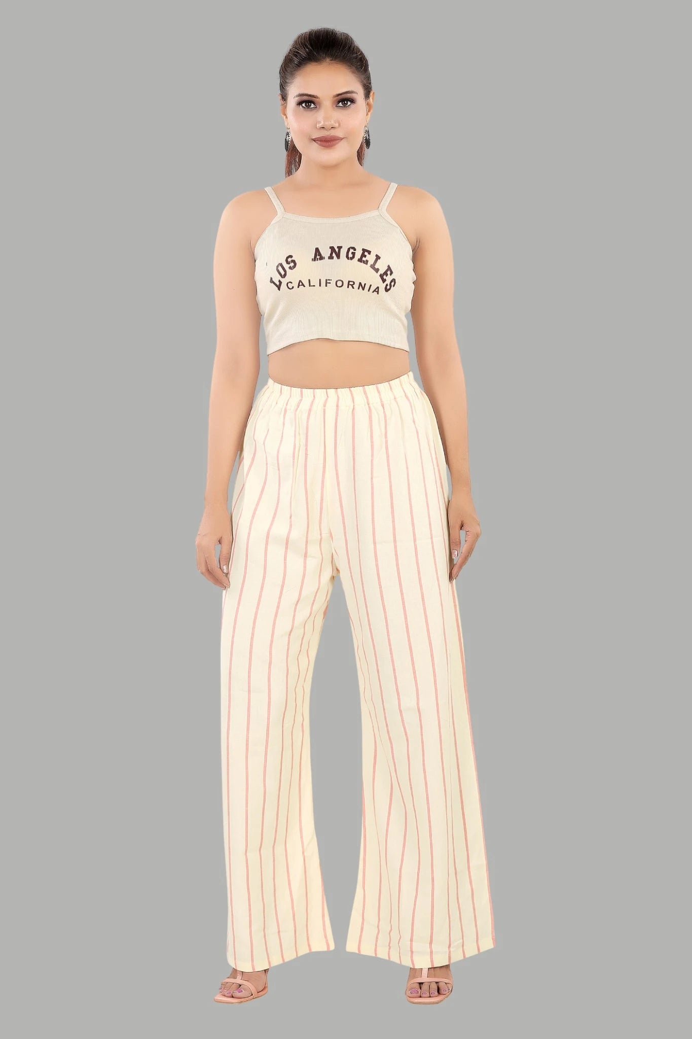 Stylish cream striped comfort fit pants for women