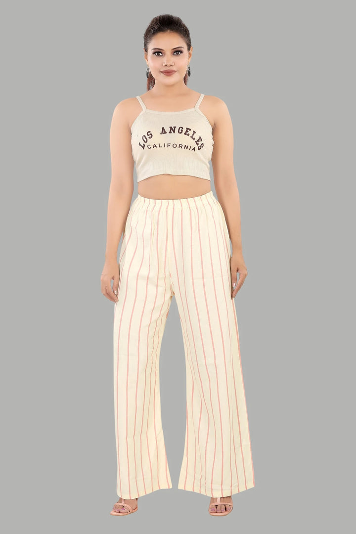 Stylish cream striped comfort fit pants for women