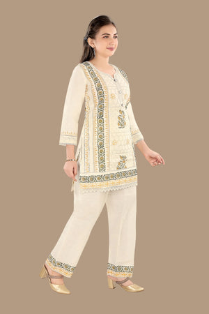 Stylish cream yellow chikankari embroidered kurti set