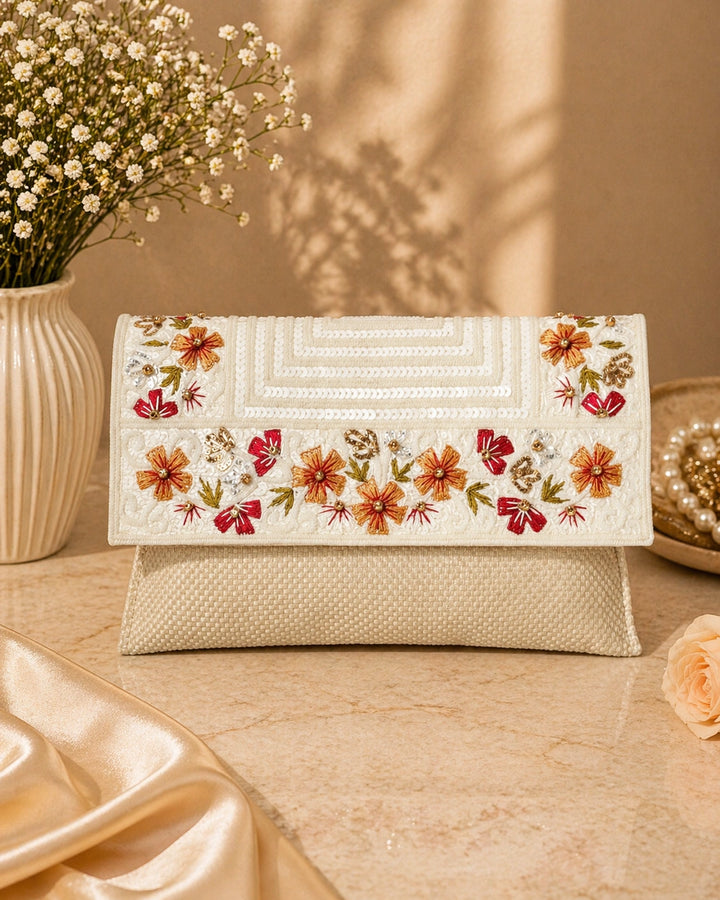 Floral embroidery envelope clutch for women
